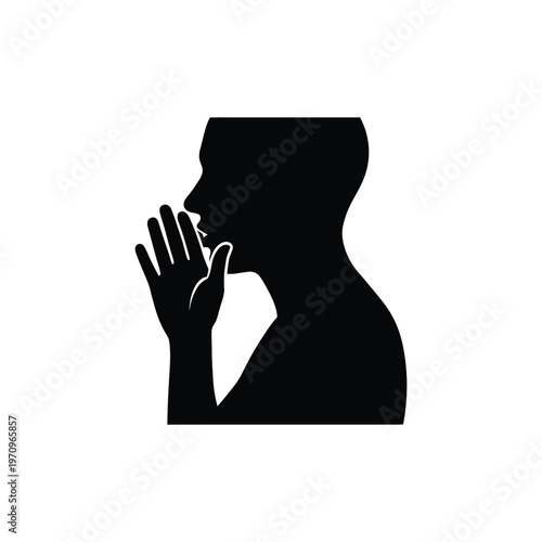Silhouette of a person shouting or whispering, hand near mouth.