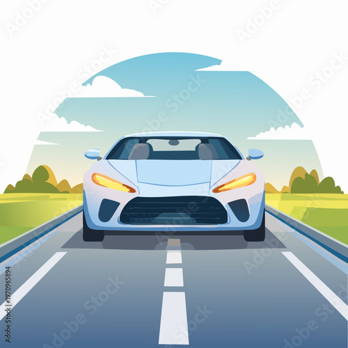 White sports car driving on a sunny road towards the horizon.