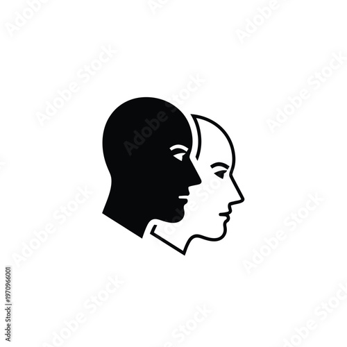 Two human heads in profile, one solid black and one outline, representing duality and contrast.