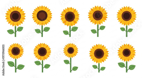 Vibrant yellow sunflowers with green stems and leaves on white background floral pattern