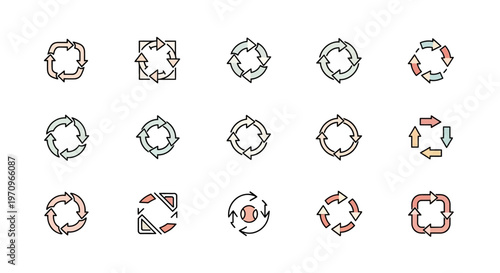 Refresh, Recycle, and Rotation Icon Set with Pastel Colors