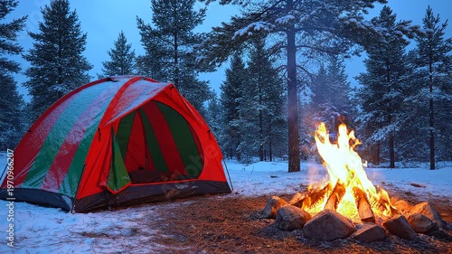 A red and green striped camping tent pitched in a snow-covered pine forest during winter twilight, featuring a large, bright campfire surrounded by stones in the foreground.