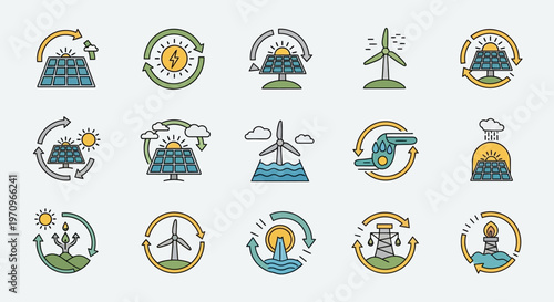 Renewable Energy Icons Set: Solar, Wind, Hydro Power, and Eco-Friendly Solutions