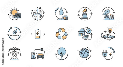 Renewable Energy and Sustainable Technology Icons Set. Green Power, Eco-Friendly Production, and Future Energy Solutions.
