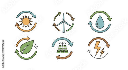 Renewable Energy Icons Set: Solar, Wind, Hydro, Bio, and Electric Power Sustainability Symbols