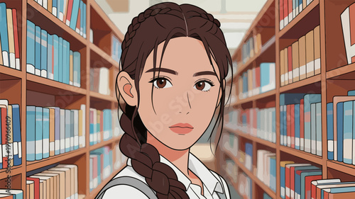 Young woman with braided hair stands in library among bookshelves while looking at the camera in afternoon light