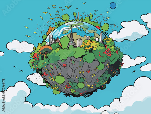 Creative illustration shows a small world with greenery, buildings, and landmarks in a blue sky with clouds