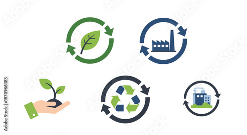 Sustainability and Circular Economy Icons for Green Industry and Environment