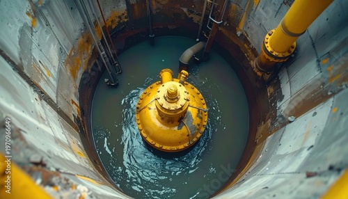 Overhead view of a yellow submersible pump operating in a circular concrete well filled with swirling dark water and pipes