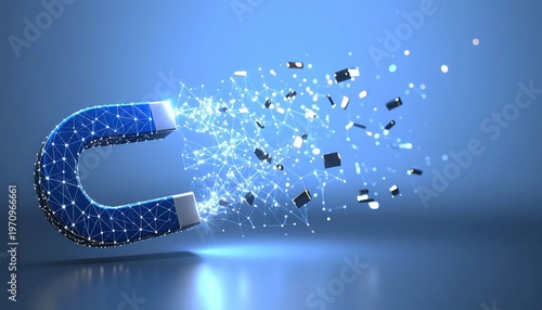 Blue horseshoe magnet with glowing digital network connections attracting metallic debris cubes against a soft blue gradient background