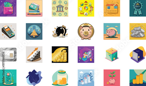 Piggy bank with coins, credit cards, financial growth, savings, investment, business concept.