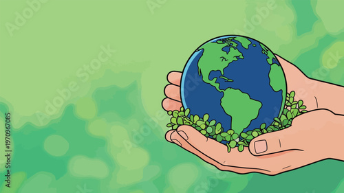 Hands holding a globe surrounded by green plants in a natural setting during daytime