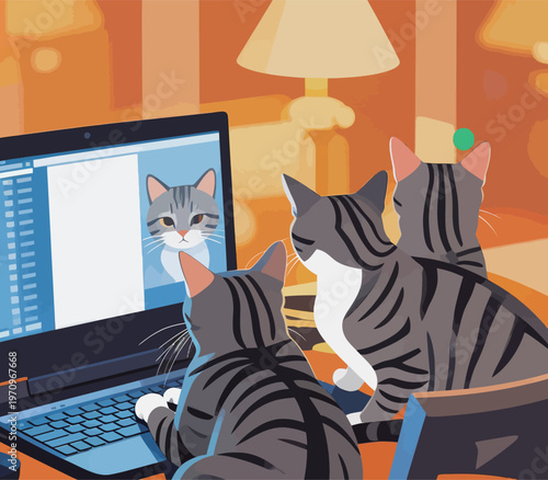 Cats gather around a laptop while watching a video call in a cozy room with soft lighting