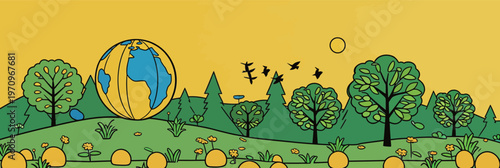 Bright landscape with trees, flowers, birds, and a globe in a cartoon style during daytime in a simple outdoor scene
