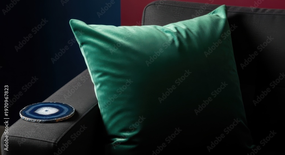 Fototapeta premium Rich Emerald Green Velvet Throw Pillow Adds Luxurious Comfort to Modern Home Decor