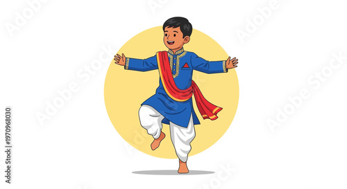 Young Indian boy in traditional blue kurta and white dhoti dancing joyfully