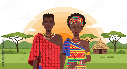 African couple in traditional clothing at sunset with village hut and acacia trees