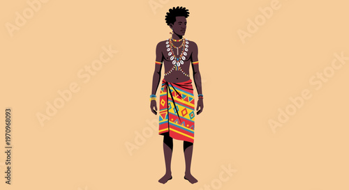 African Man in Traditional Attire with Colorful Skirt and Jewelry