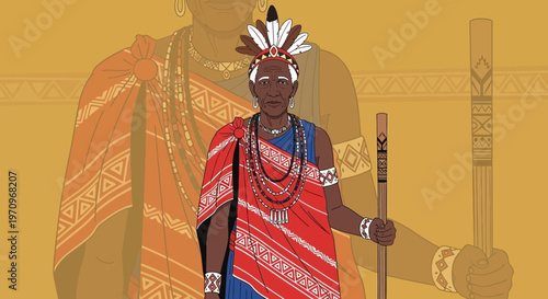 Elderly African Man in Traditional Attire Holding a Staff