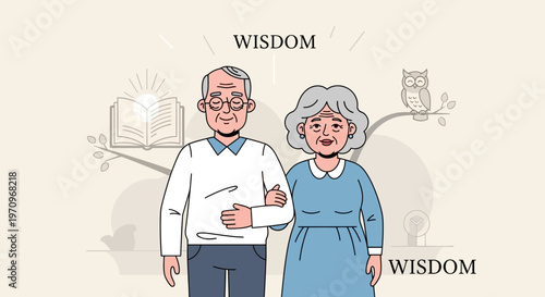 Elderly couple walking arm in arm, symbolizing wisdom and knowledge, with an open book and owl.