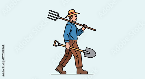 Farmer walking with pitchfork and shovel, agricultural worker, outdoor work