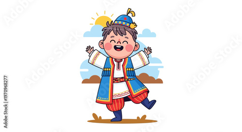Happy boy in traditional costume dancing under the sun