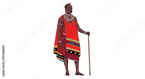Maasai Warrior in Traditional Attire Holding a Staff