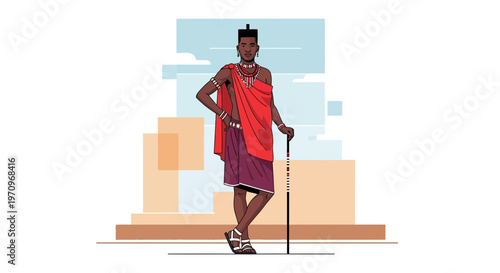Maasai warrior in traditional attire with a spear, standing against a stylized background.