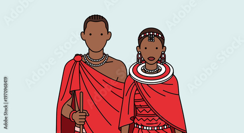 Maasai couple in traditional red clothing, illustration