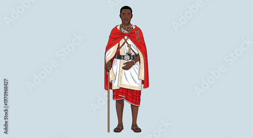 Maasai Warrior in Traditional Attire with Staff