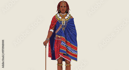 Maasai Warrior in Traditional Attire with Staff and Ornate Jewelry