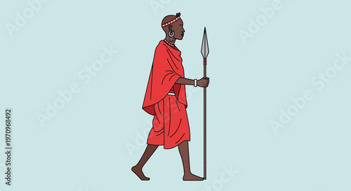 Maasai Warrior with Spear, Traditional Red Shuka, Walking