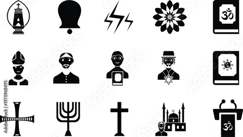 Collection of black and white religious icons depicting diverse faiths and spiritual symbols globally