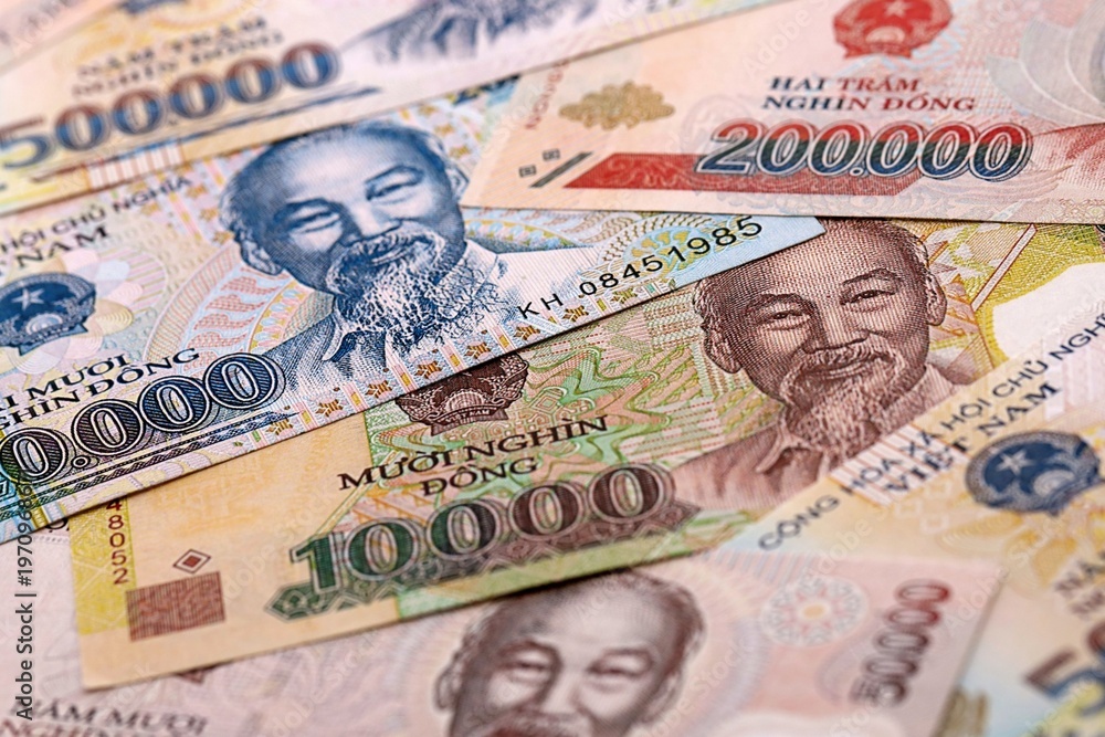 custom made wallpaper toronto digitalVietnamese dong money bills pile on table. Vietnam banknotes of VND currency close up.