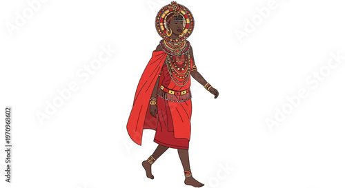 Maasai Woman in Traditional Red Attire Walking