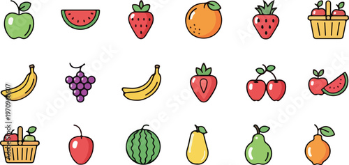Many colorful fresh fruit icons arranged in a grid for healthy nutrition design projects