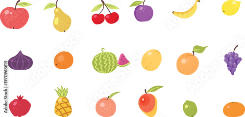 Bright and colorful assortment of fresh fruits displayed in a cheerful flat design illustration.