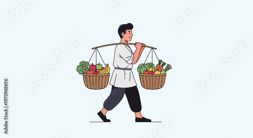 Man carrying baskets of fresh fruits and vegetables on his shoulders