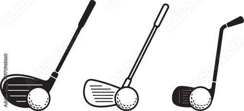 Collection of golf club and ball icons presenting different views for sports design.