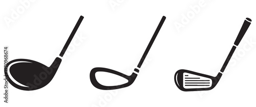 Collection of three diverse black golf club vectors essential for sport graphics.