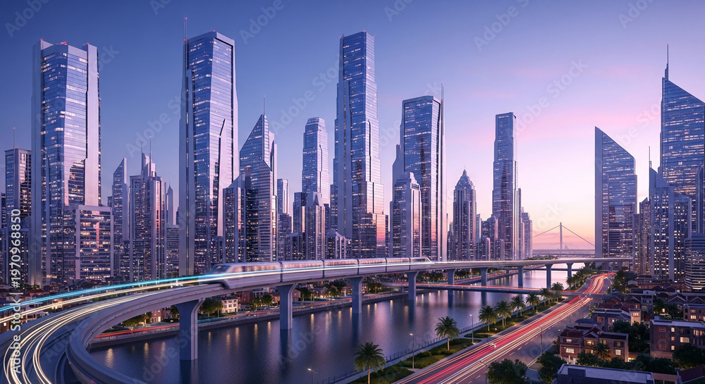 Fototapeta premium Cityscape with tall, modern buildings, a river, and moving transportation, representing urban development, progress, and contemporary architecture