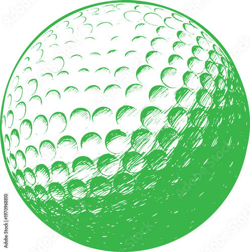 Detailed artistic illustration of a single green golf ball showing textured dimple patterns