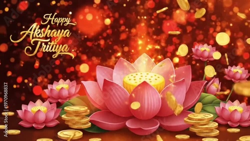 A captivating festive design for Akshaya Tritiya with a glowing lotus and shimmering gold coins amidst a magical red bokeh background.
