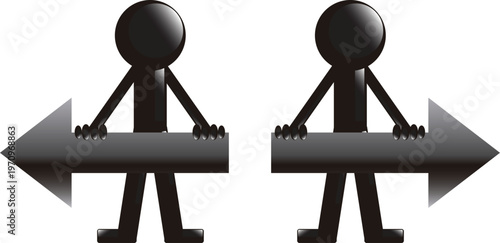 Two black stick figures holding large dark arrows pointing in opposite direction sides now