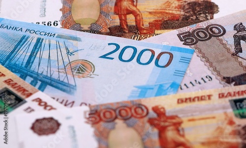 Konstfotografi Russian ruble money bills pile on table