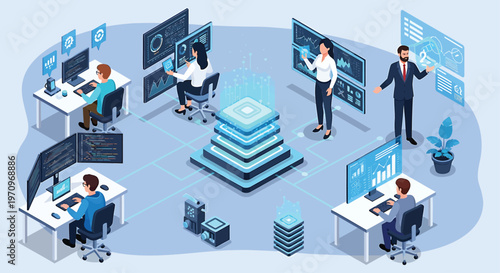 Business team, data analysis, database management, office workflow