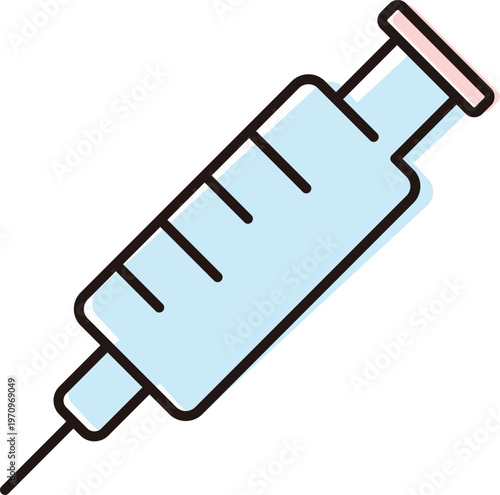Syringe with clear liquid, commonly used for vaccination, set against a simple background in a clinical setting during daytime