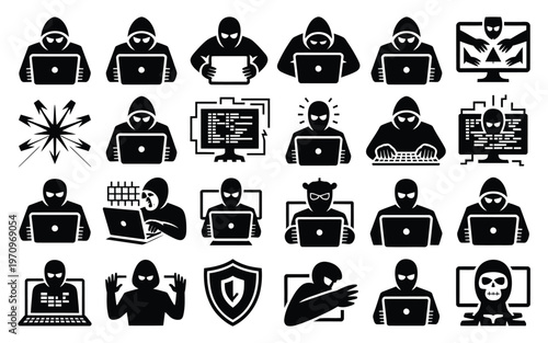 Cybercrime and hacking icons set with hooded figures and computer symbols on white background