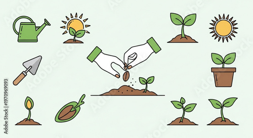 Gardening icons set with hands planting seeds seedlings sun watering can and shovel on light green background