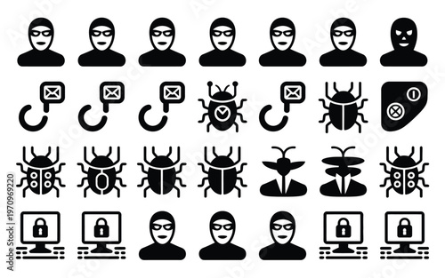 Black silhouette icons depicting cybercrime hacking and online security threats including masked hackers bugs locks and emails on a white background for digital and tech concepts